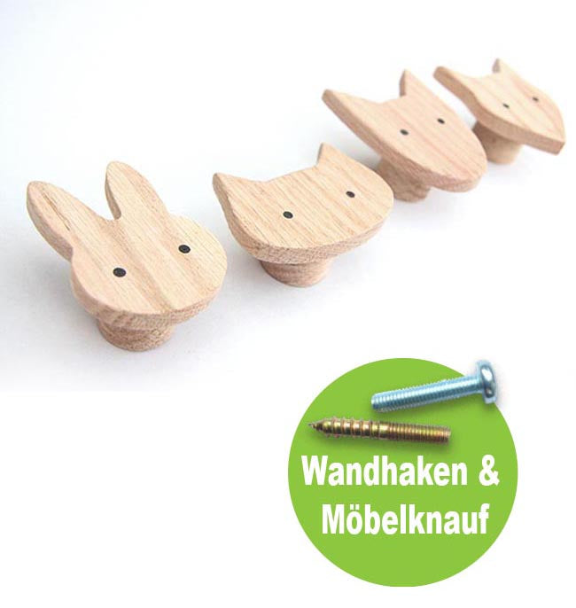 Tier Wandhaken & Schubladengriffe aus Holz. Tierische Haken aus Eiche in Scandinavian-Design. Hase Hund Katze Fox