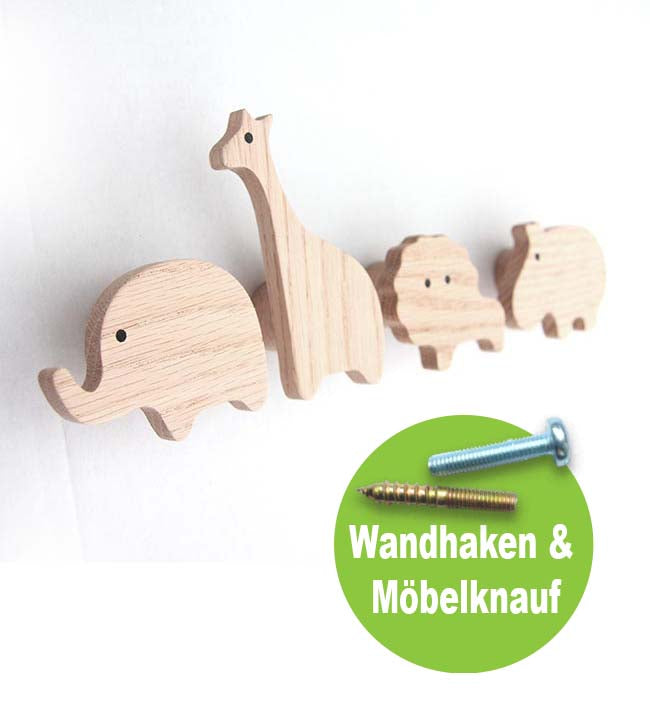 Tier Wandhaken & Möbelgriffe aus Holz. Tierische Haken aus Eiche in Skandinavischen Design Giraffe Nilpferd Elefant Löwe