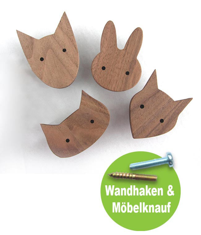 Tier Wandhaken & Schubladengriffe aus WalnussHolz in Skandinavischen Stil Hase Hund Katze Fox
