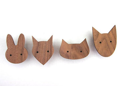 Tier Wandhaken & Schubladengriffe aus WalnussHolz in Skandinavischen Stil Hase Hund Katze Fox